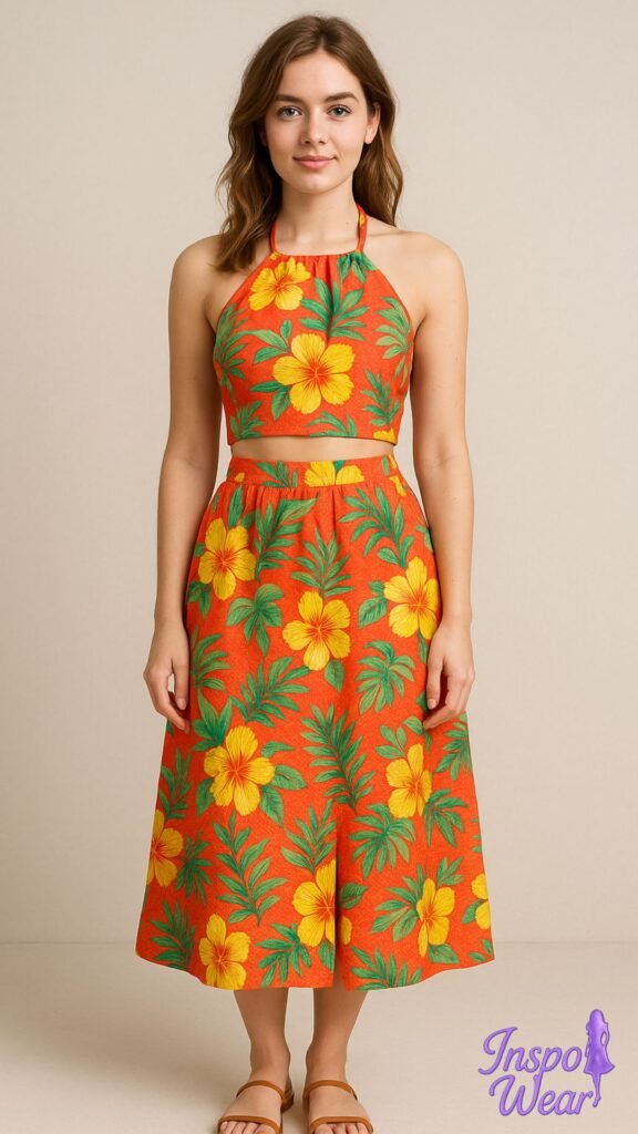 Halter Crop and Tropical Midi Skirt Set