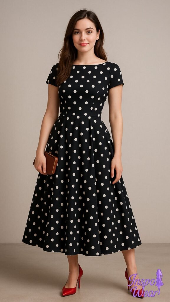 A-Line Polka Dot Midi Dress