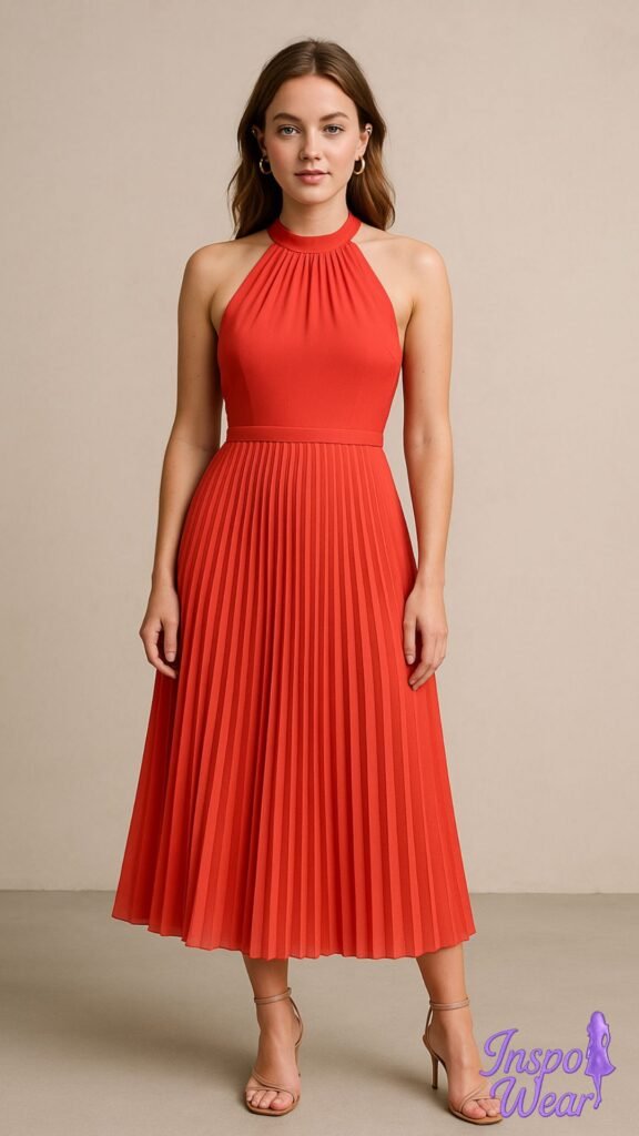 Halter Neck Pleated Midi Dress