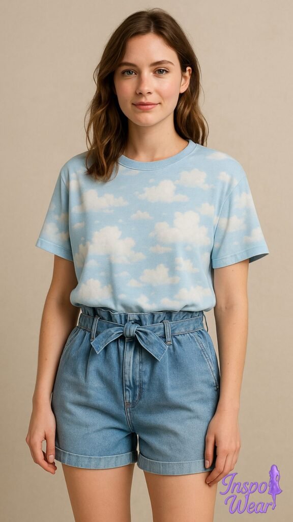 Denim Paperbag & Cloud Print Tee