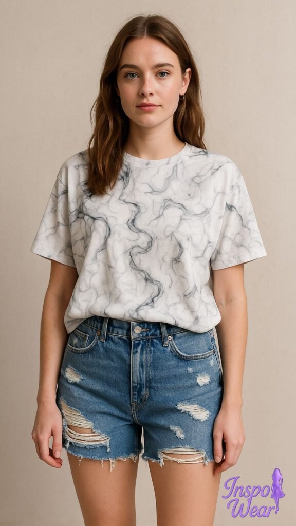 Denim Distressed & Marble Print Tee