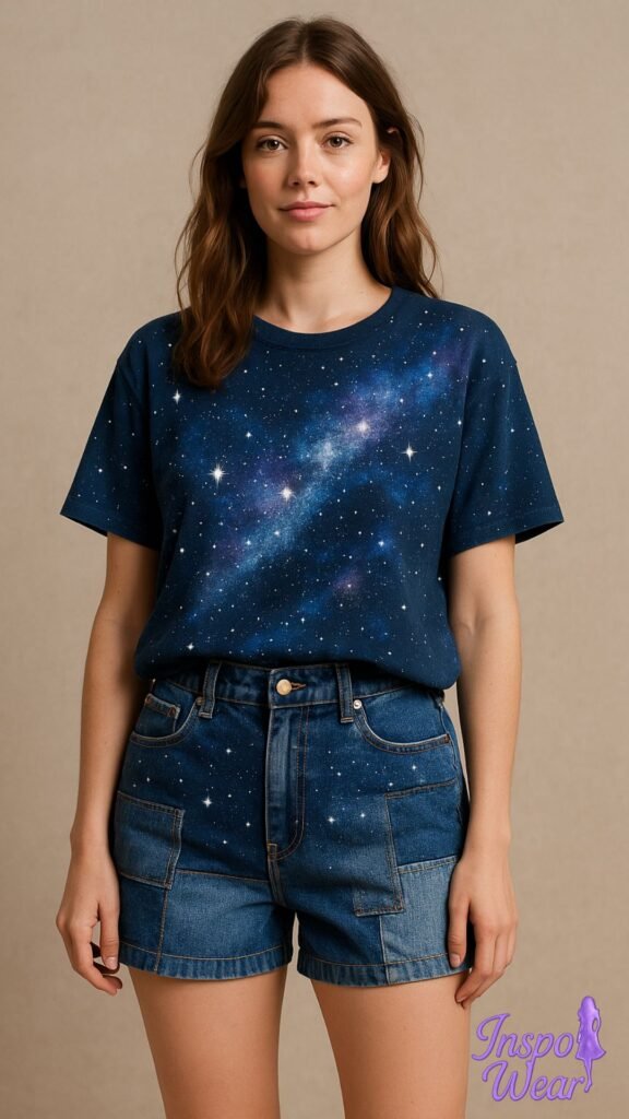 Denim Patch & Cosmic Print Tee