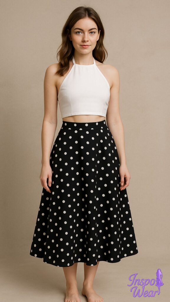 Halter Crop and Polka Dot Midi Skirt Set