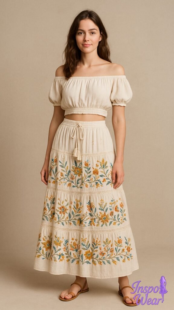 Peasant Crop and Embroidered Maxi Skirt Set