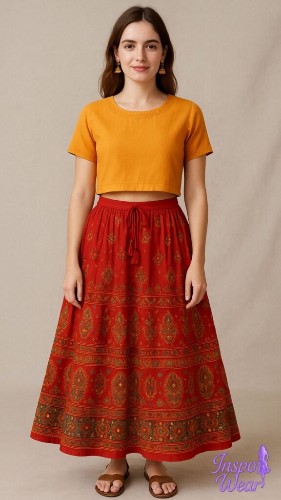 Short-Sleeve Crop and Ethnic Flared Skirt Set