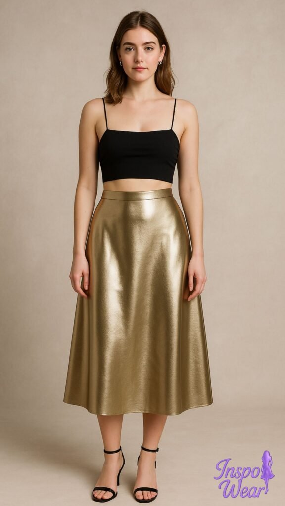Strappy Crop and Metallic Midi Skirt Set