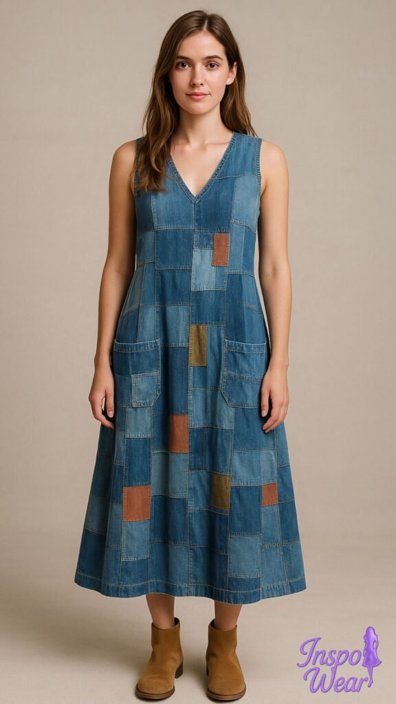 Patchwork Denim Midi Dress