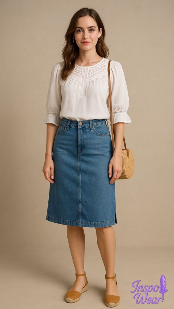 Denim Skirt with Breezy Blouse