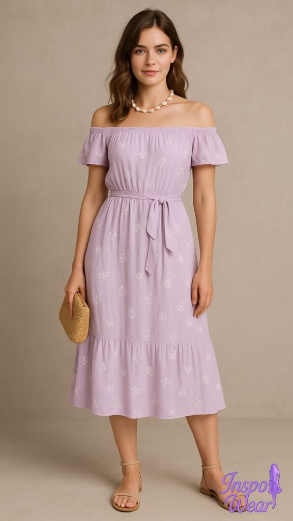 Off-Shoulder Midi Dress in Pastels