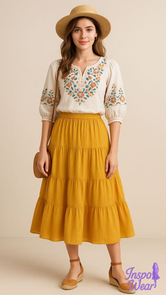 Tiered Skirt with Embroidered Blouse